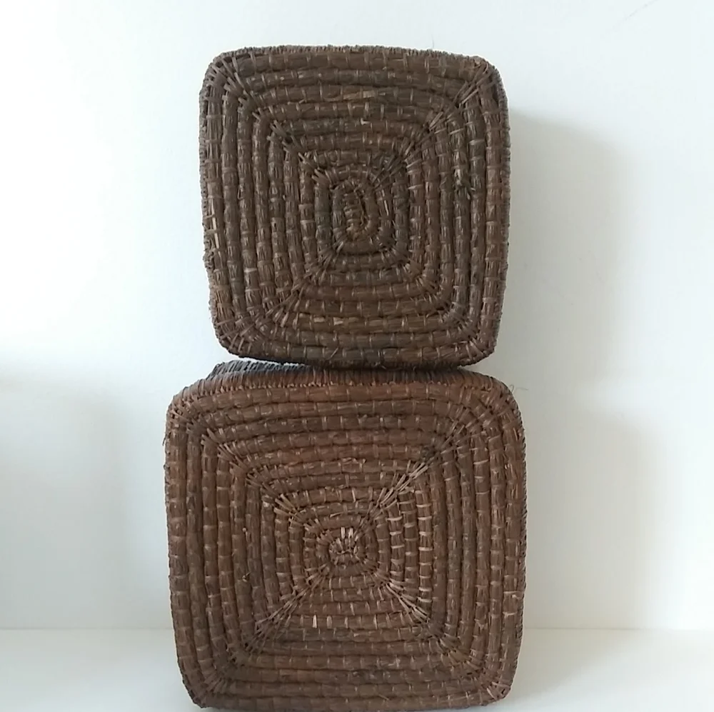 2 Straw Woven Square Cottagecore Boho Storage Boxes w/ lids